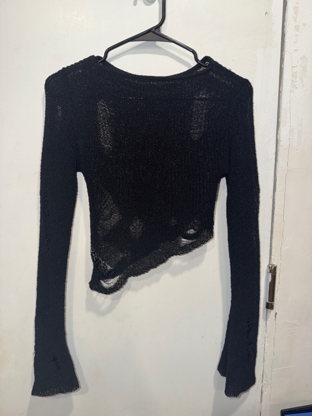 SHEIN Black Distressed Sheer Knit Long Sleeve Crop Top